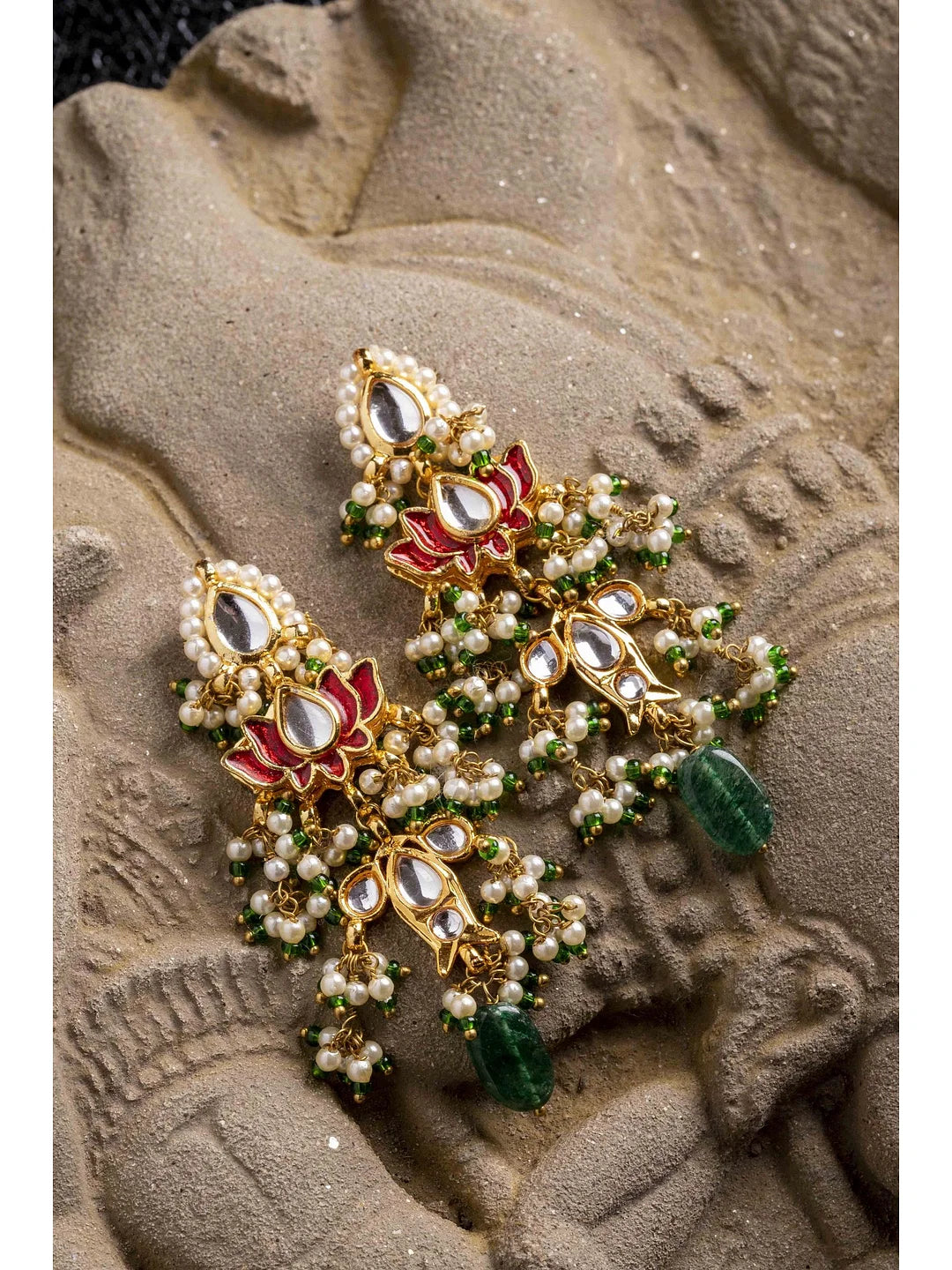 Red Lotus Fish Kundan Emerald Earrings
