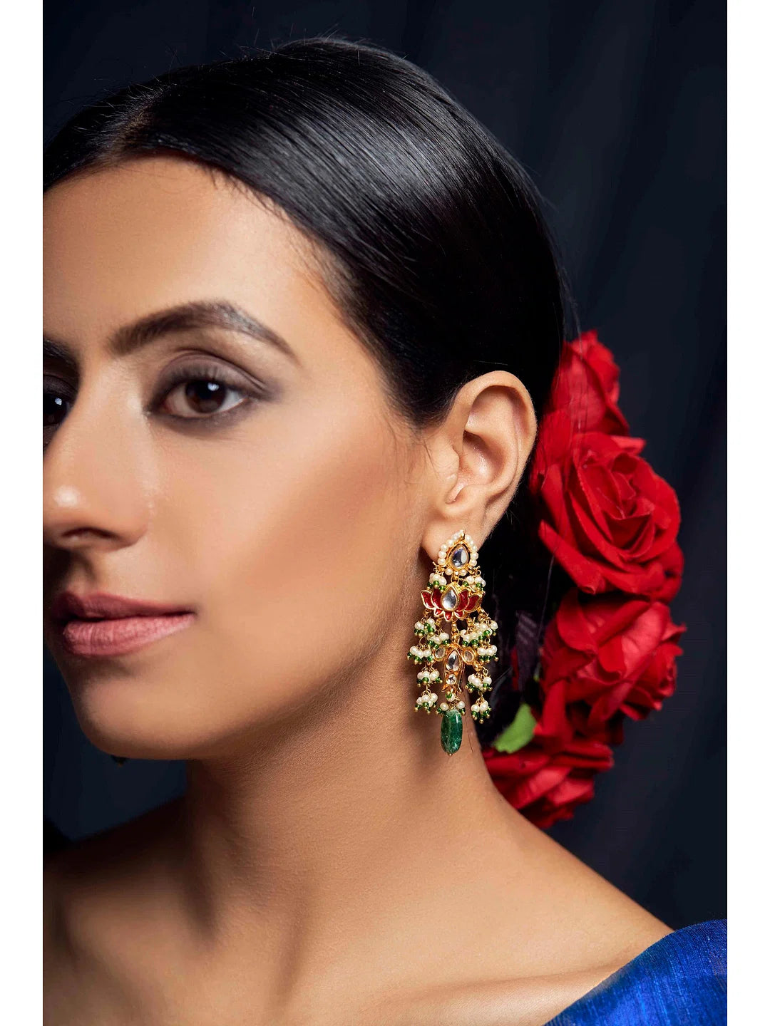 Red Lotus Fish Kundan Emerald Earrings