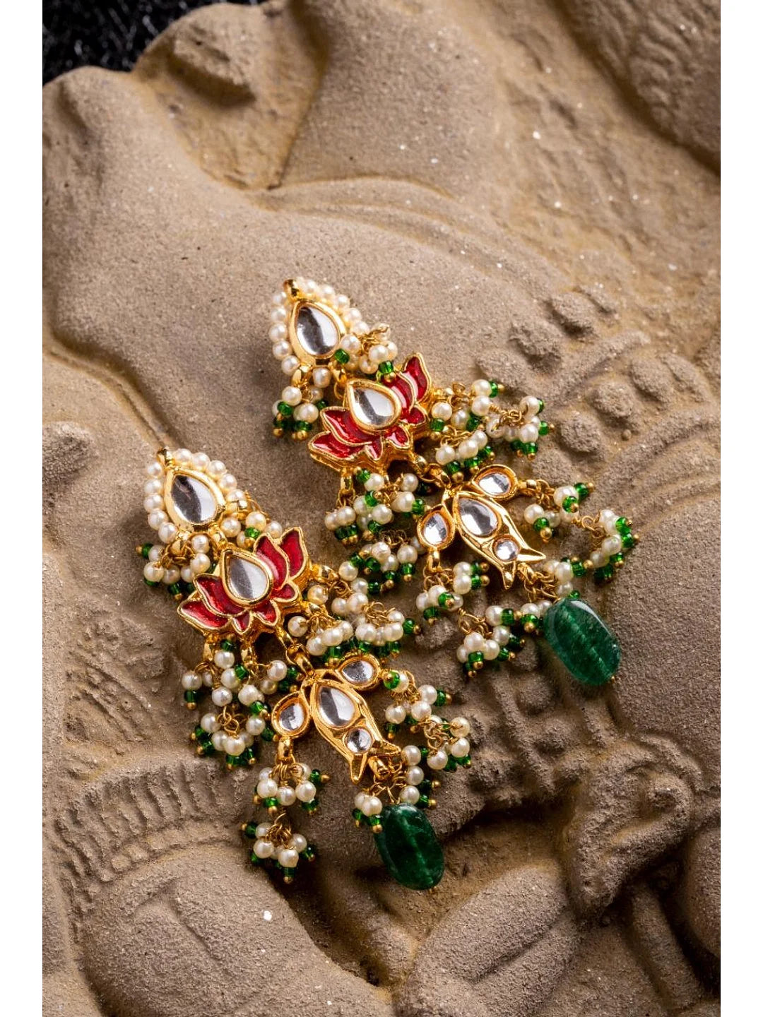 Red Lotus Fish Kundan Emerald Earrings