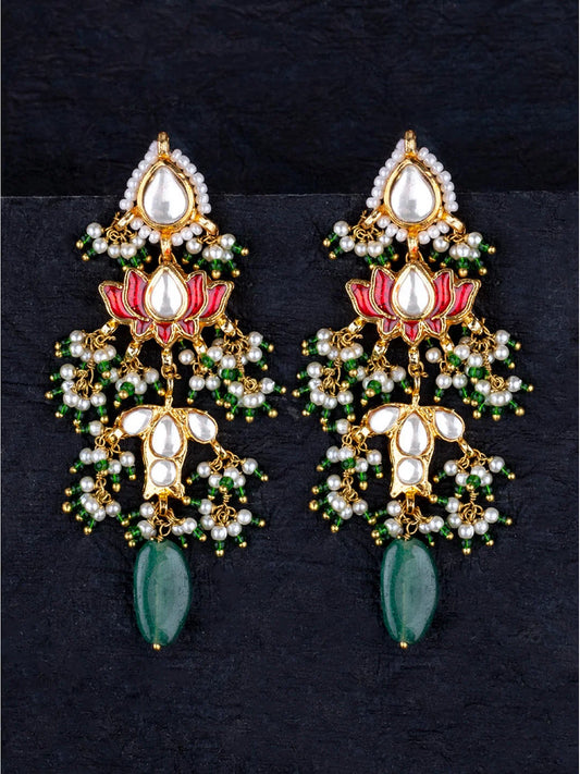 Red Lotus Fish Kundan Emerald Earrings