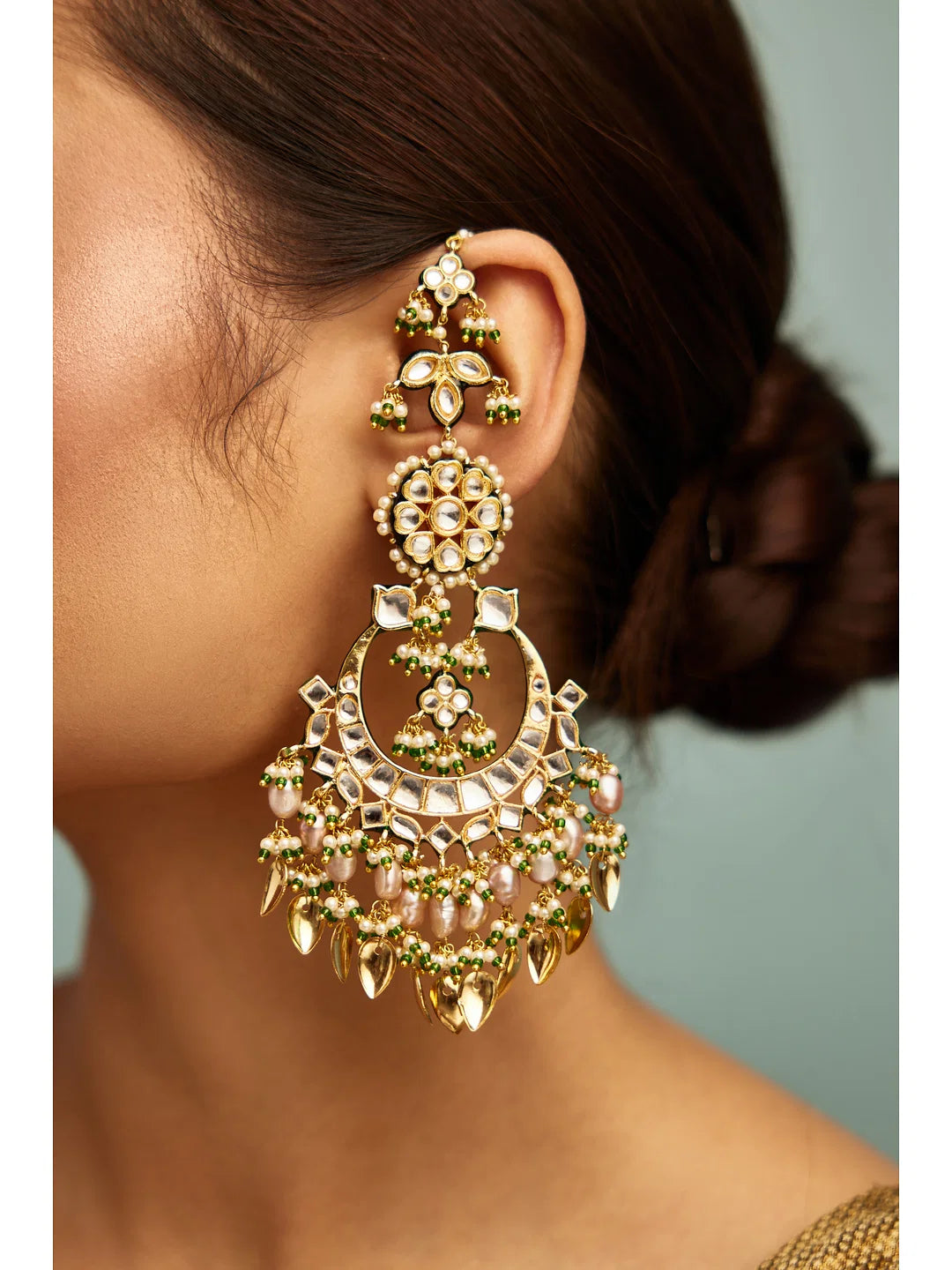 Statement Kundan Gold & White Pipalpatti Chandbaali