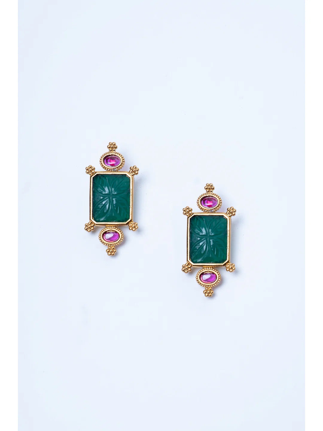 Carved Green Center Pink Kundan Dangler Earrings