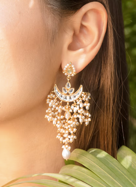 Gold & White Chand Biya Pearl Drop Dangler Earrings