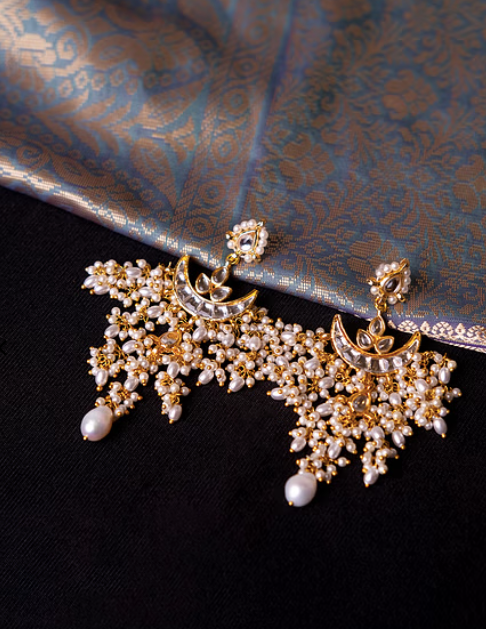 Gold & White Chand Biya Pearl Drop Dangler Earrings