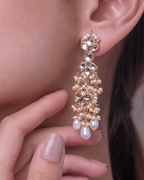 Gold & White Dangler Earrings With Pearl Drops