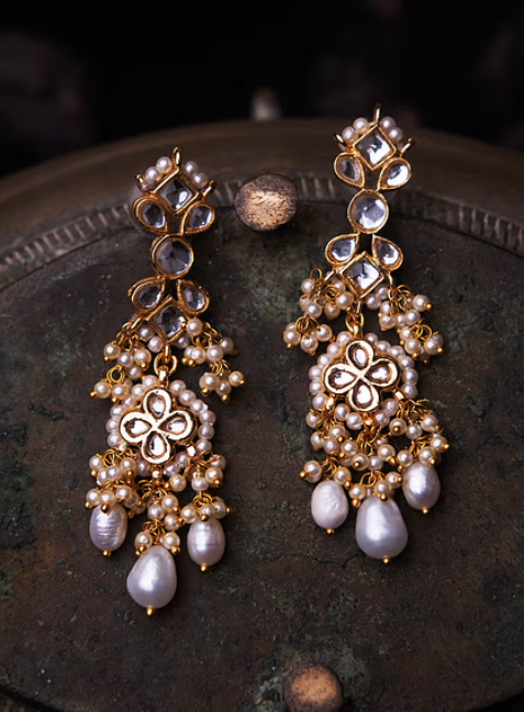 Gold & White Dangler Earrings With Pearl Drops