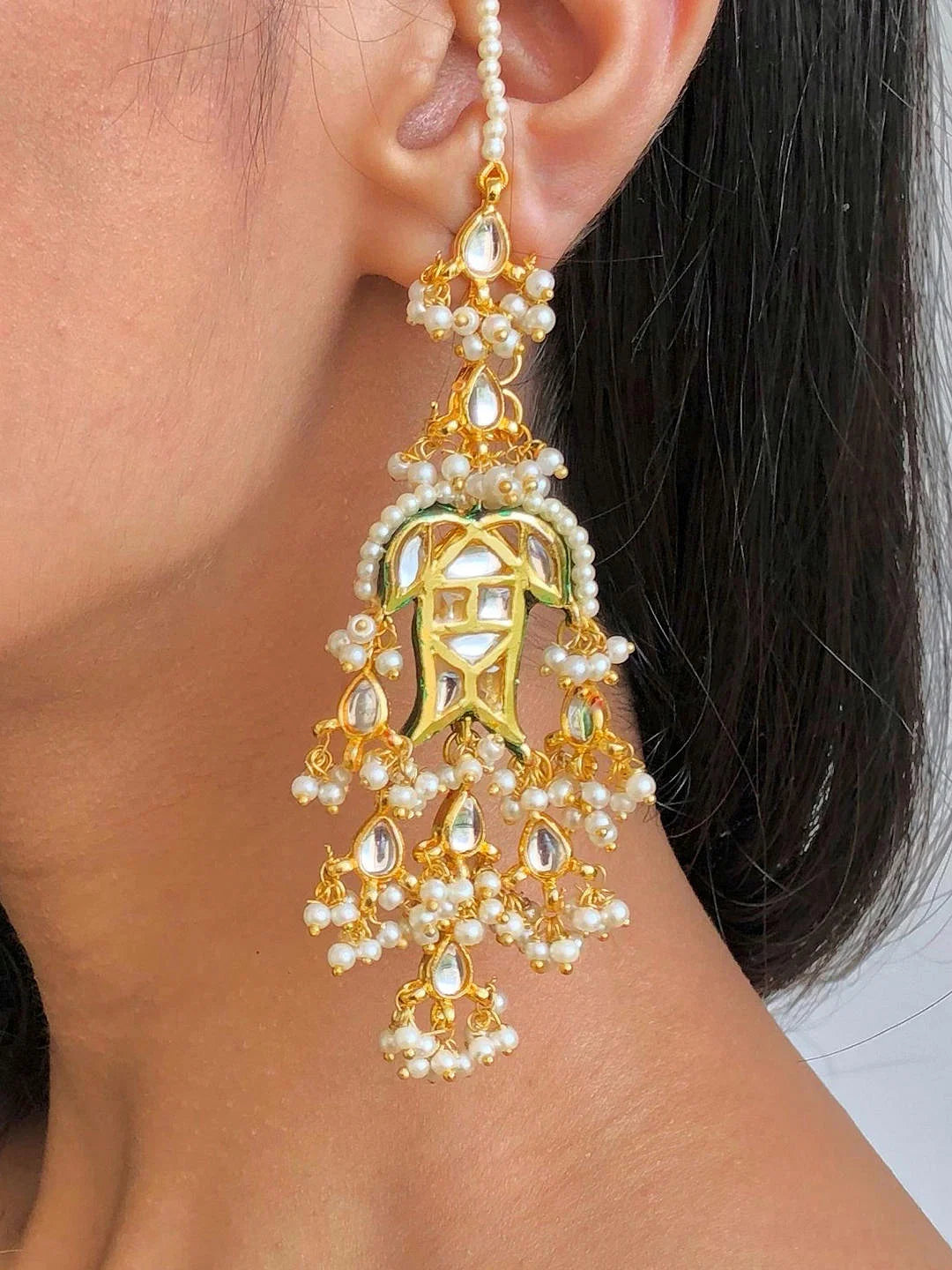 Golden Pearl Kundan Fish Earrings